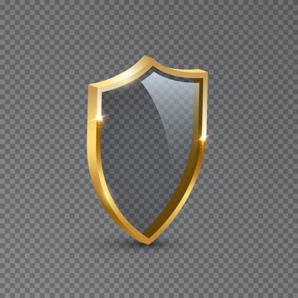 金盾框架设计。金色纹章玻璃徽章矢量插图。复古豪华元素与闪亮的火花。纹章，古董古董装饰上透明的背景图片下载