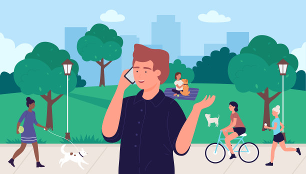 男子在夏季公园打电话，卡通人物使用智能手机聊天交流图片下载