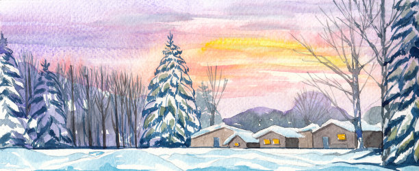 日落在一个白雪覆盖的村庄在水彩画。图片下载