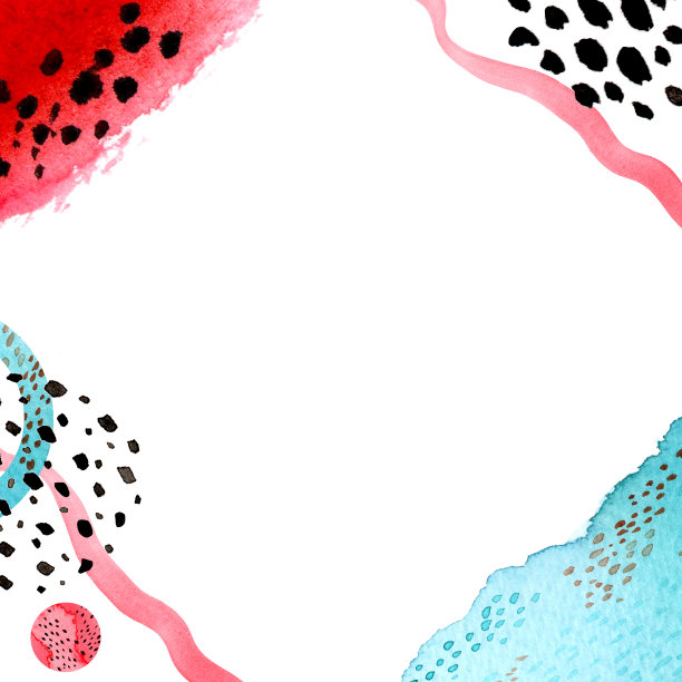 抽象水彩背景与红色，黑色和绿松石蓝色点周围的边缘和白色空间在中心的文本。设计元素。图片下载