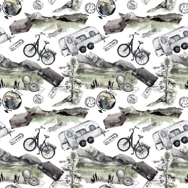 自行车，拖车，山，箱子，背包，邮政标记。旅行的概念。无缝的背景。水彩图片下载