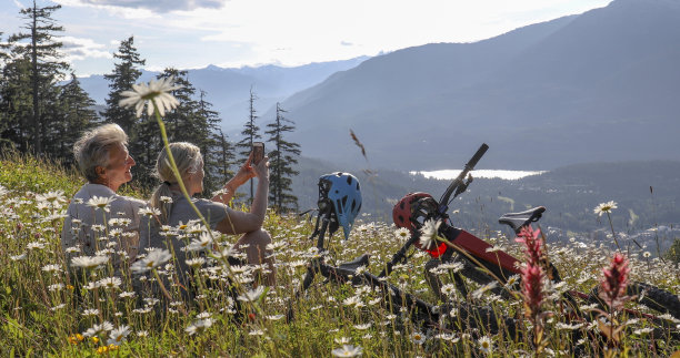 一对夫妇骑着山地电动自行车在高山草地的野花中放松图片下载