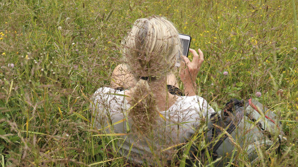女人在高山草地的野花中放松图片下载