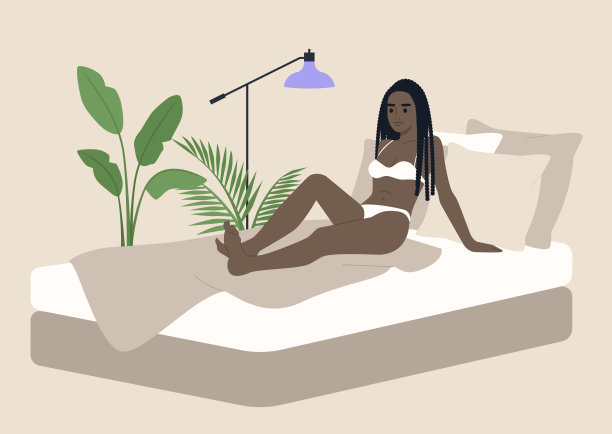 年轻的黑人女士穿着内衣在她的卧室，早上习惯，醒来的场景图片下载