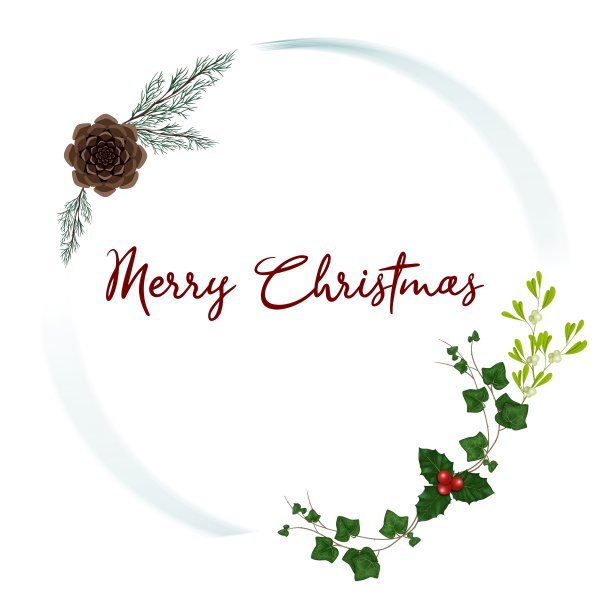 贺年明信片“圣诞快乐”。一个由冬叶、冬青、常春藤、白色槲寄生、松果和柏枝组成的花环，点缀在白色的背景上。图片下载