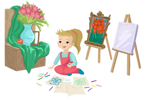 画室里的孩子。画在地板上。附近有绘画和静物。矢量图图片下载