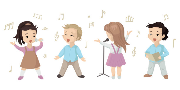 孩子们在音乐课或唱诗班中唱一首歌，一组角色。矢量插图上的白色背景图片下载