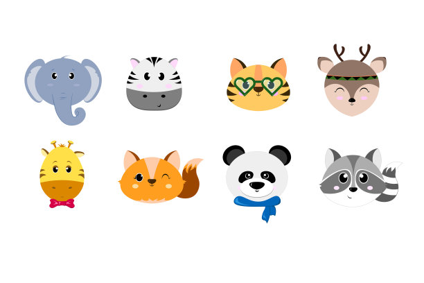 一套可爱的简单动物的头-大象，斑马，老虎，鹿，长颈鹿，狐狸，熊猫，浣熊。Ð卡通肖像平面设计。矢量图图片下载