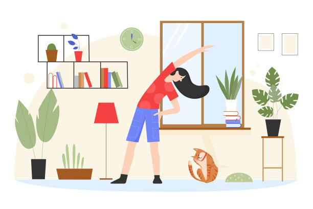 女性训练，卡通年轻瑜伽家积极的女孩角色锻炼和做瑜伽活动图片下载