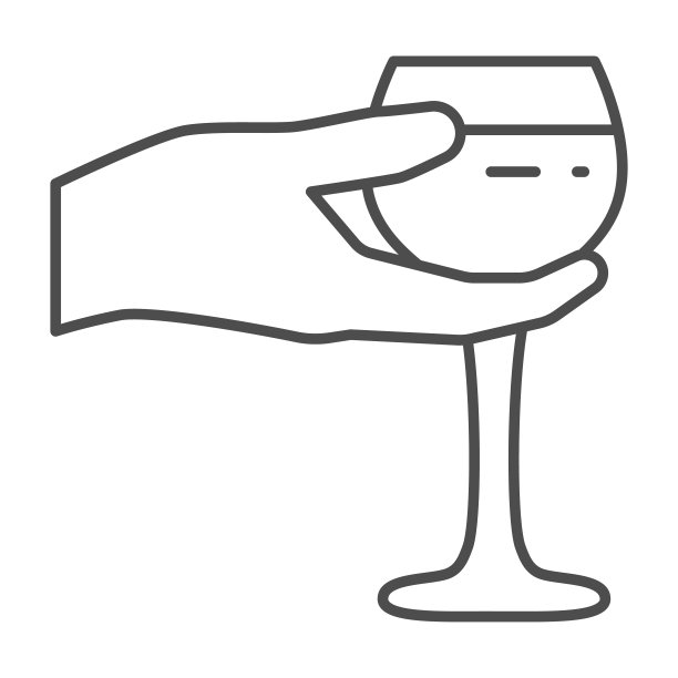 酒杯在手细线图标，葡萄酒节的概念，在白色背景上的葡萄酒在手掌标志，手握玻璃图标在轮廓风格的移动和网页设计。矢量图形。图片下载