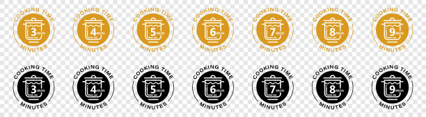 烹饪分钟图标的麦片和面食烹饪时间的食品包装。矢量炖锅和分钟模板设计。信息标签。矢量插图。图片下载