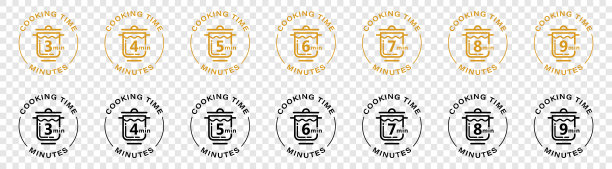 烹饪分钟图标的麦片和面食烹饪时间的食品包装。矢量炖锅和分钟模板设计。信息标签。矢量插图。图片下载
