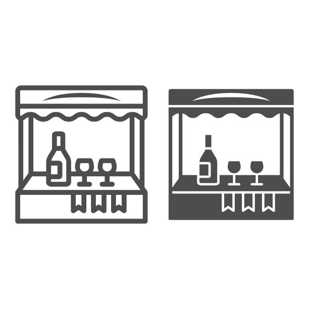 葡萄酒商店线和固体图标，葡萄酒节的概念，正面与酒瓶标志在白色的背景，街头酒商店展示图标轮廓风格的移动和网络。矢量图形。图片下载