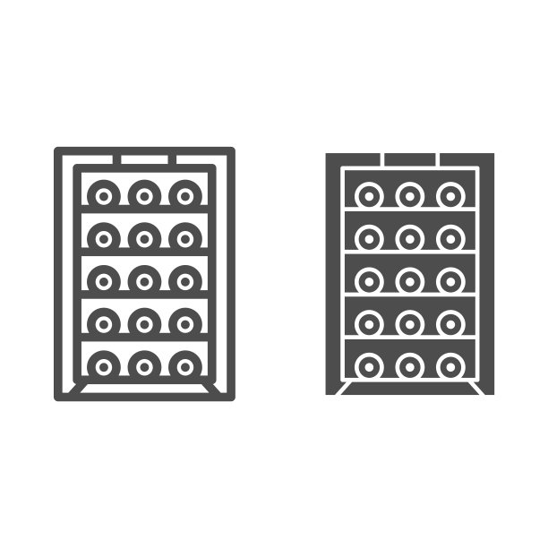 酒柜与酒瓶的葡萄酒线和固体图标，葡萄酒节的概念，酒精饮料的架子上的标志在白色的背景，酒窖图标在移动和web的轮廓风格。矢量图形。图片下载