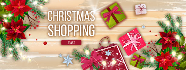 圣诞销售矢量横幅包装，礼品盒，一品红叶，花环灯。图片下载