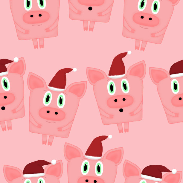 无缝图案的猪和圣诞老人的帽子在一个粉红色的背景图片下载