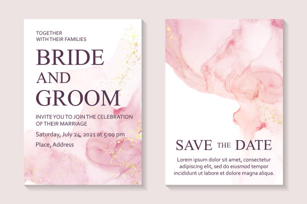 用粉色水彩画的婚礼请柬，或用酒精墨水在白色上泼洒金色的流体艺术。图片下载