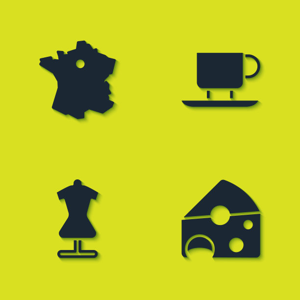 设置法国地图，奶酪，人体模型和咖啡杯图标。向量图片下载