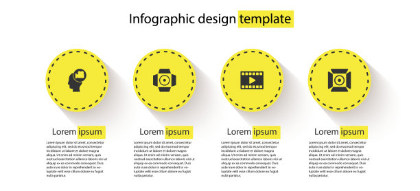 Set Head with camera, Movie spotlight, Play Video and。业务信息模板。向量图片下载