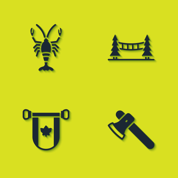 设置龙虾，木斧，Pennant加拿大和卡皮拉诺悬索桥图标。向量图片下载