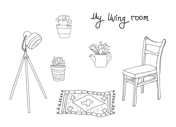 我的客厅室内矢量素描收藏。落地灯，老式木椅，花盆里的花，卡波特图片下载