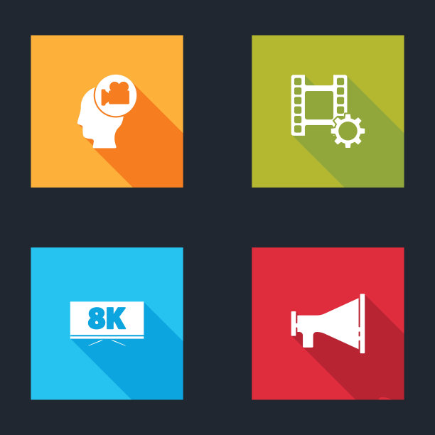 设置头部相机，播放视频，屏幕电视8k和扩音器图标。向量图片下载