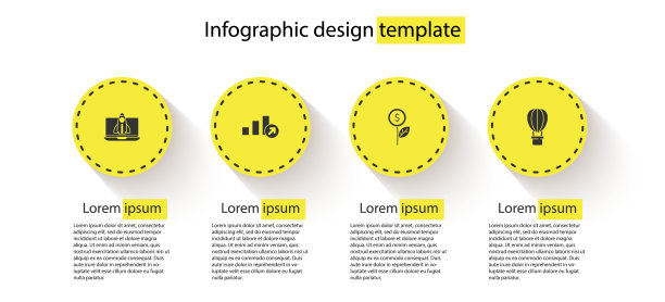 设置启动项目概念，财务增长，美元工厂和热气球。业务信息模板。向量图片下载