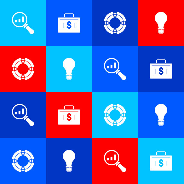 设置放大镜和分析，公文包钱，商业救生圈和灯泡与概念的想法图标。向量图片下载