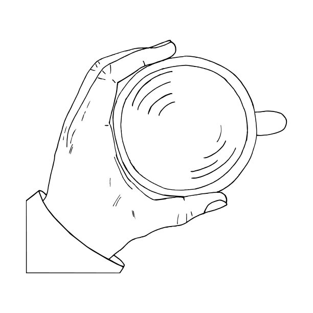 手握一个杯子与饮料素描手绘涂鸦。海报，卡片，矢量，单色，极简主义。茶,咖啡,可可图片下载