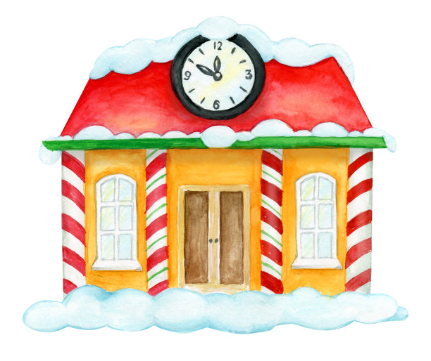 雪中的房子，有一个大钟。水彩元素卡通风格在一个孤立的背景，为圣诞节插图。图片下载