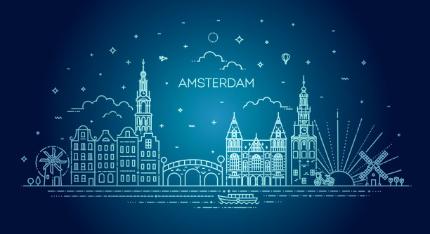 阿姆斯特丹旅游地标的历史建筑细线图标图片下载