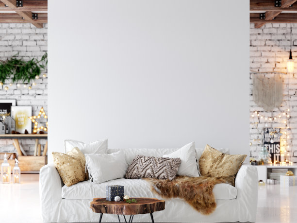 客厅圣诞室内斯堪的纳维亚风格。圣诞树、玩具、礼品盒。墙模型。海报模型。Canva Mockup. 3d渲染，3d插图图片下载