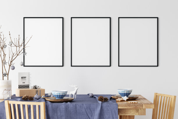 厨房圣诞室内斯堪的纳维亚风格。圣诞树、玩具、礼品盒。墙模型。海报模型。Canva Mockup. 3d渲染，3d插图图片下载