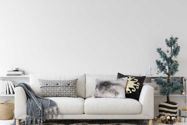 客厅圣诞室内斯堪的纳维亚风格。圣诞树、玩具、礼品盒。墙模型。海报模型。Canva Mockup. 3d渲染，3d插图图片下载