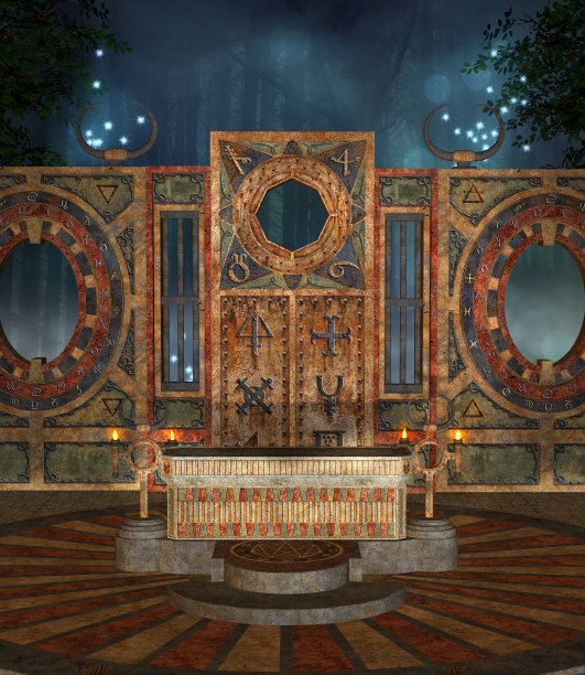 神秘古老的门户在蓝色的夜晚图片下载