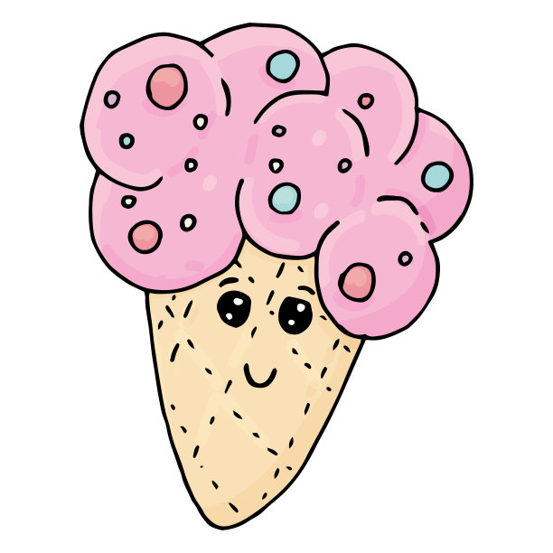 粉色的蛋筒冰淇淋，上面撒着糖屑，还有可爱的糖果，矢量，给孩子们画的可爱的图画图片下载