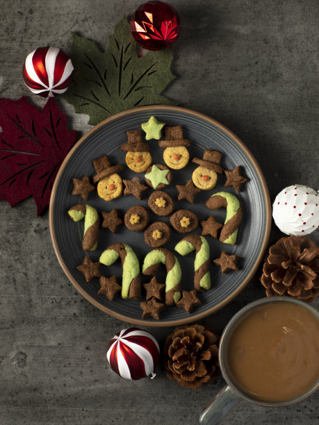 美味的自制圣诞饼干上有一个雪人，黑色摄影风格的明星形象图片下载