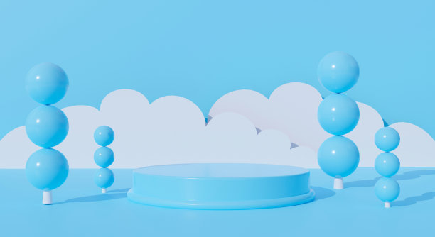 3d蓝色讲台上蜡笔背景抽象几何形状。3d渲染显示产品模型设计。创意最小。冬天新年快乐，圣诞树景观景色。图片下载