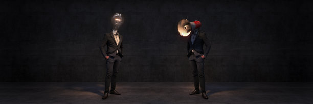 有灯泡头和扩音器头的商人。三维渲染图片下载