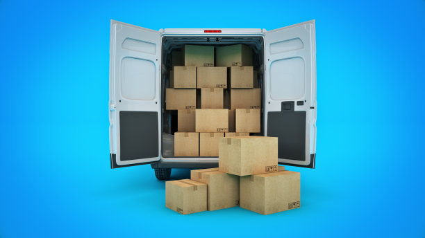 装着纸板箱的商业货车。三维渲染图片下载
