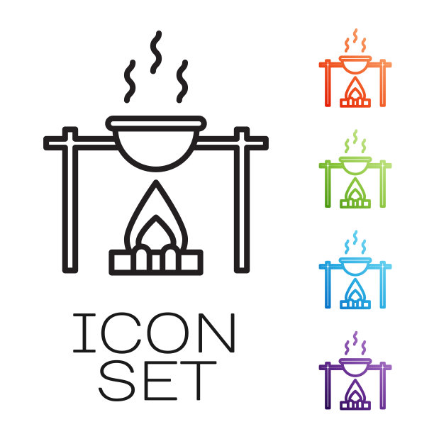 黑色线营火和锅图标孤立在白色图片下载