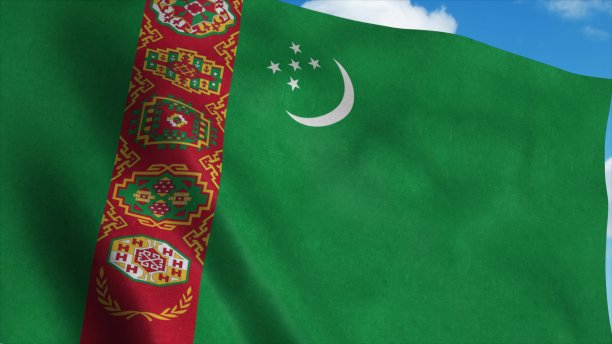 土库曼斯坦的国旗在风中飘扬，背景是蓝天。三维渲染图片下载