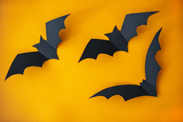 黑色的纸蝙蝠飞过橙色的背景图片下载