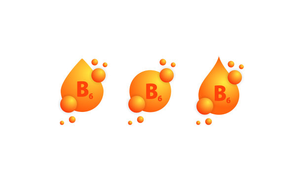维生素B6图标集。闪亮的金色物质滴。美容护理营养护肤设计。含化学式、B6、硫胺的维生素复合物。矢量图，独立白色背景图片下载