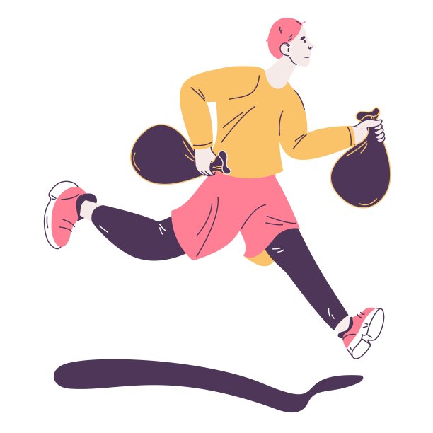 拿着垃圾慢跑的男人。平面轮廓字符plogging孤立在白色画在粉红色和黄色图片下载