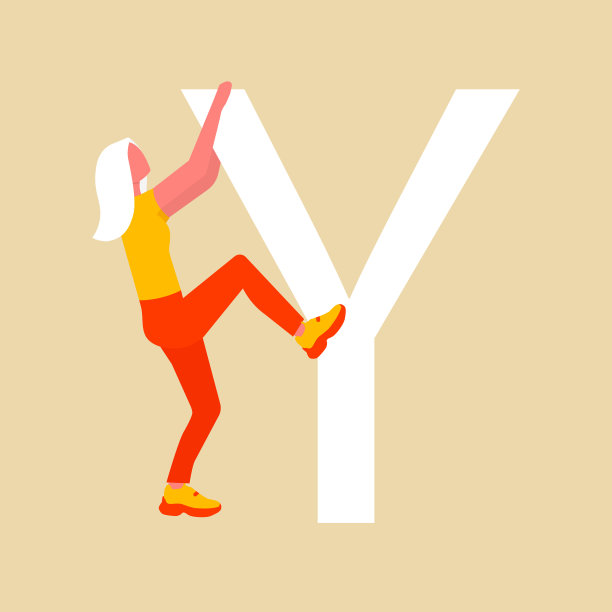 一个女人爬上一个大大的字母y。矢量插图。每股收益10。图片下载