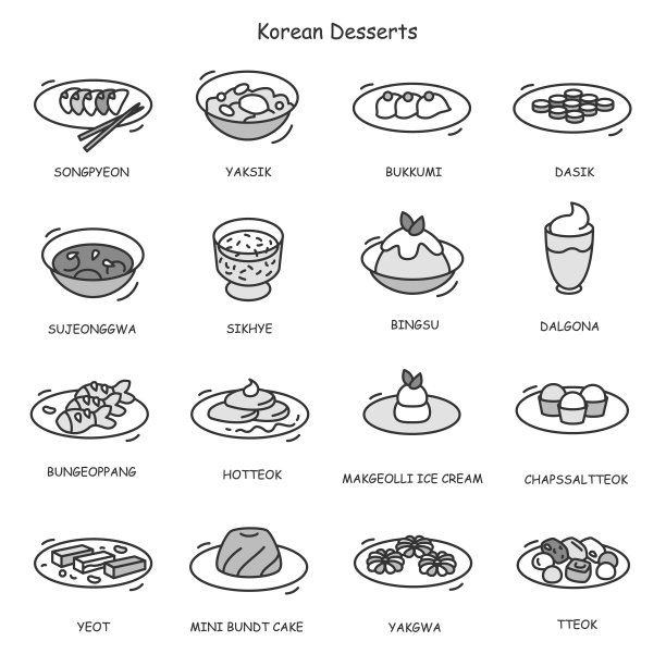 韩国甜点图标集。香甜的米饭和辛辣的热饮。可编辑的矢量插图图片下载