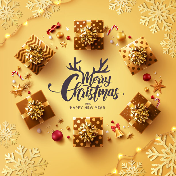 圣诞快乐和新年快乐海报或横幅模板与礼品盒和圣诞装饰元素。问候和礼物新年和圣诞节在平lay造型。图片下载