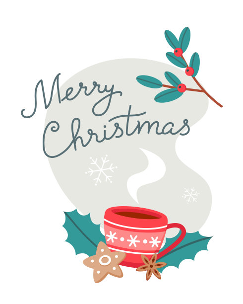 热饮，香料和姜饼干，圣诞快乐，矢量插图的贺卡设计图片下载