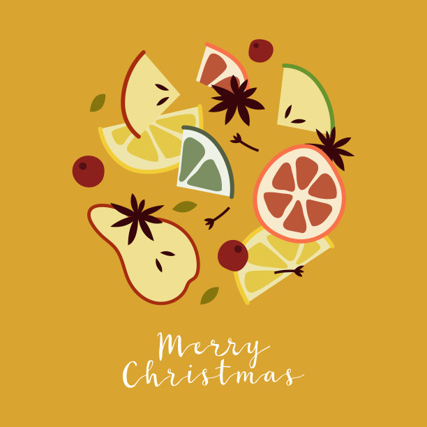 圣诞热白葡萄酒与柑橘水果，苹果，肉桂，丁香，小豆蔻，茴芹。冬天热饮。桑格利亚汽酒,苹果酒。传统的圣诞饮料。矢量平面卡通艺术图片下载